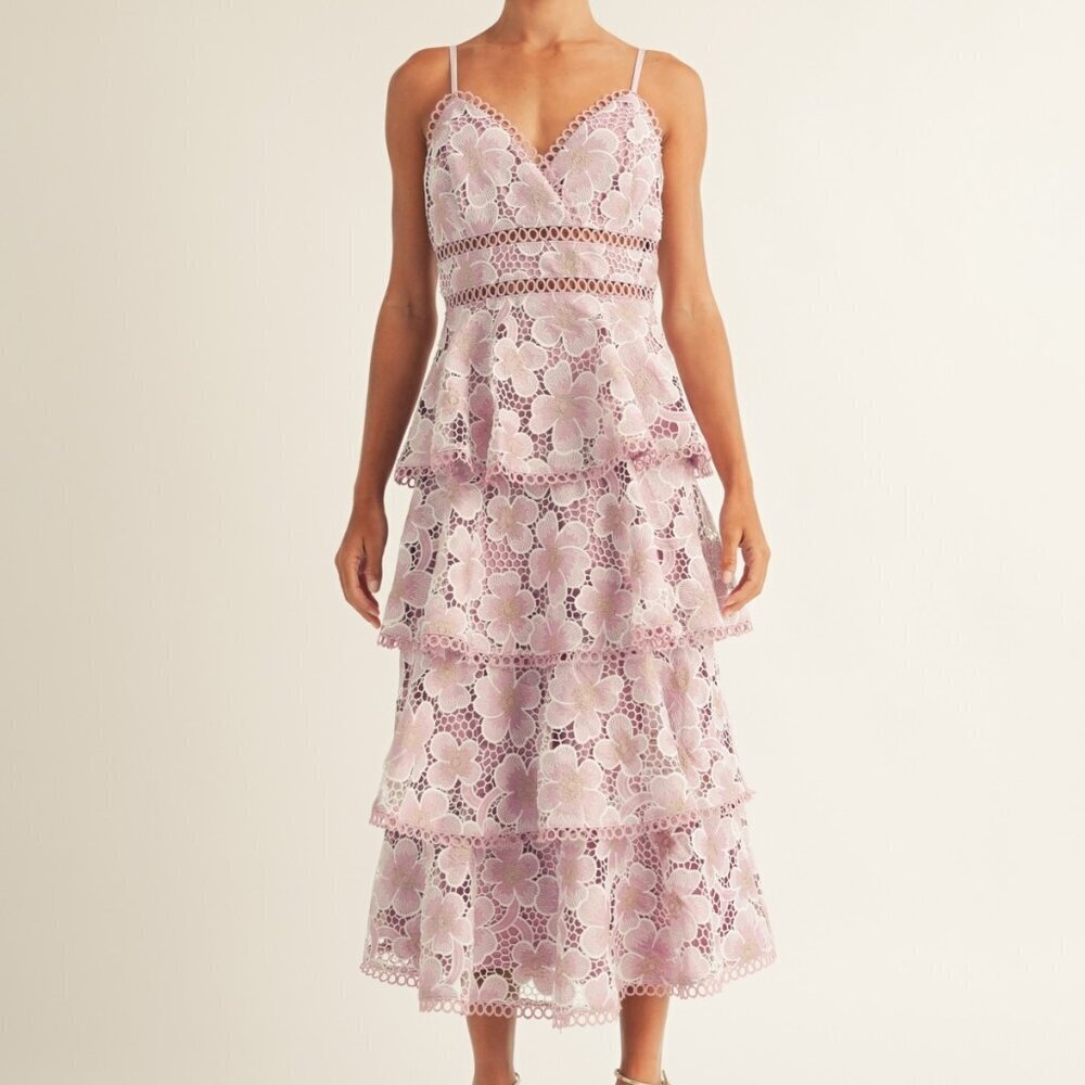 Arose Studio Eartha Tiered Lace Midi Dress Lavender Size XL NWT Romantic